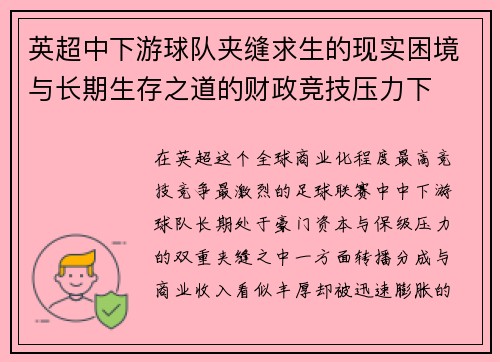 英超中下游球队夹缝求生的现实困境与长期生存之道的财政竞技压力下 英超中下游球队夹缝求生的现实困境与长期生存之道的财政竞技压力下